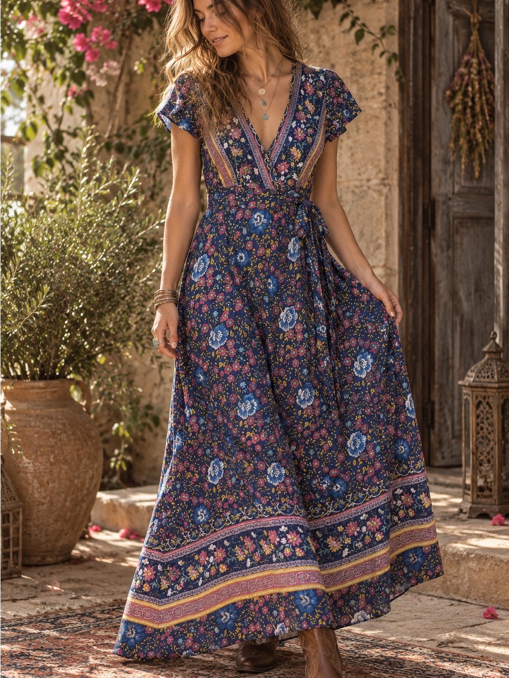 🌸 Floral Boho Wrap Maxi Dress Navy Cottagecore Festival Small
